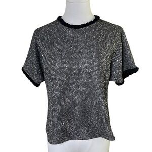 Waverly Grey Tweed Metallic Black Silver Top XS Short Sleeve Citycore‎
